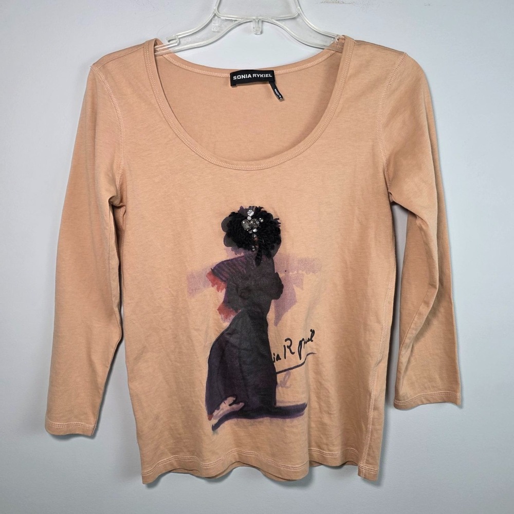 Sonia Rykiel Shirt Women's Size XS Brown Beige Cotton Rhinestone Design Pullover